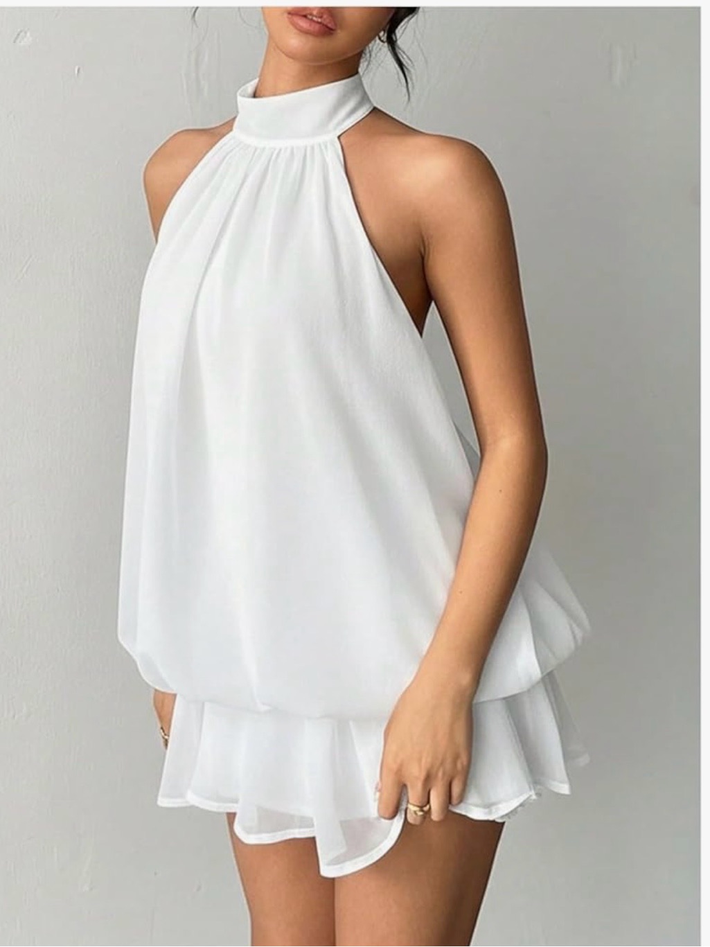 White Halter Ruffle Mini Dress